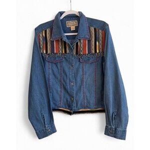 VTG 90s Denim Womens Button Up Aztec Embroidered Beaded Fringe Detail Western L